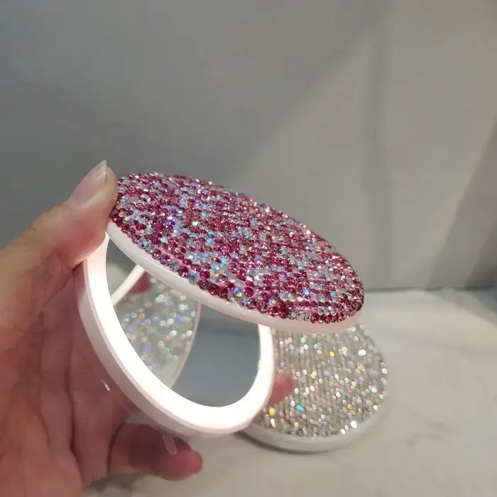 Miroir de maquillage en strass LED rechargeable, pliable sur deux côtés, rond, miroir de poche de vo