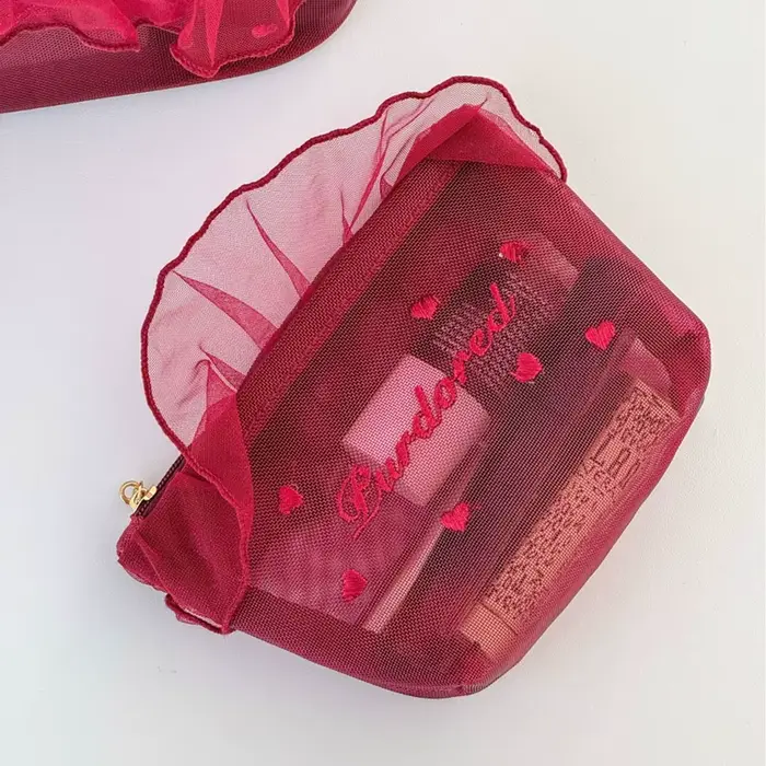Sac de maquillage portable imperméable en dentelle brodée rose style Y2K pour l'été et la plage