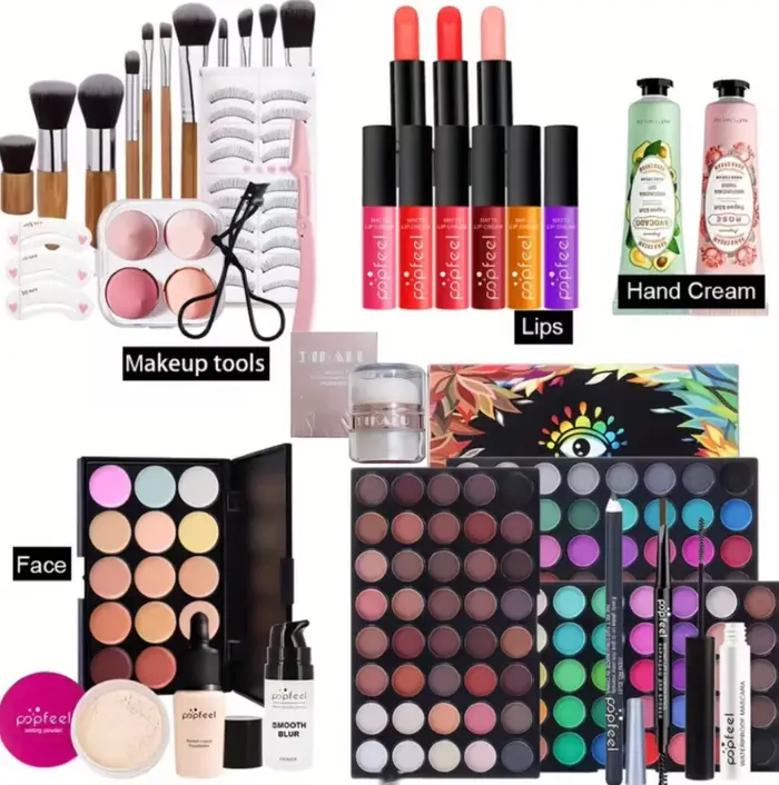 POPFEEL Kit de maquillage complet tout-en-un avec pinceau + illuminateur pour le visage - Ensemble d