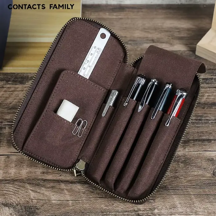 Trousse à crayons en cuir véritable avec 4 fentes