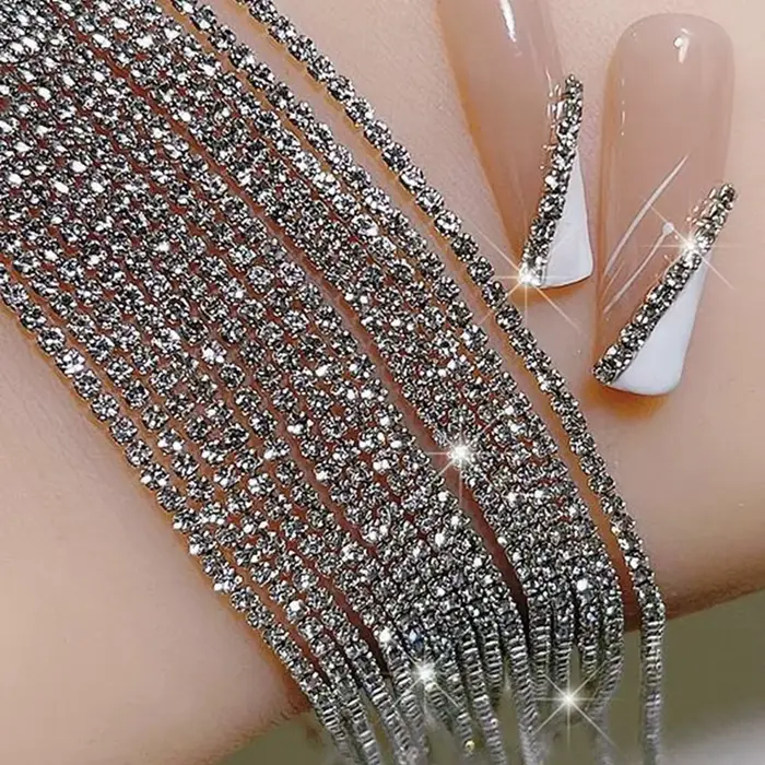 Chaîne de cristal de luxe longue 100/50cm, breloques pour ongles, 1.5/2mm, brillant clair/AB diamant