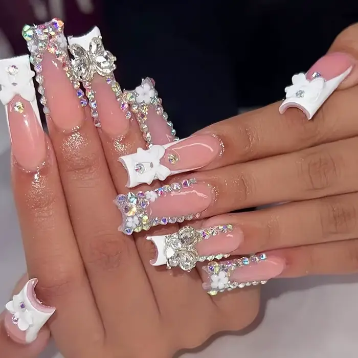 Faux ongles français longs avec colle, 24 pièces, faux ongles de Ballet, Design papillon en strass, 