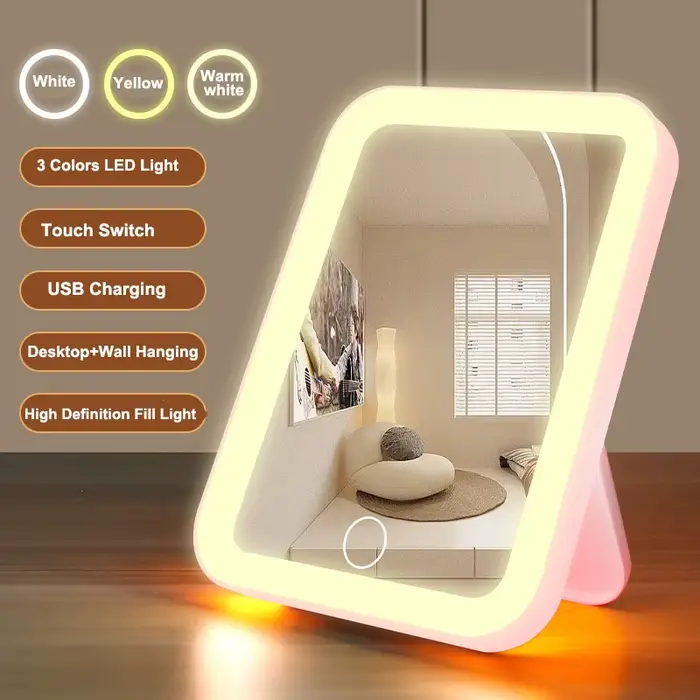 Miroir de courtoisie LED portable avec écran tactile, 3 couleurs, aste par USB, gradation, maquillag