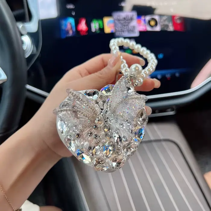 Miroir de luxe à deux côtés en strass, porte-clés, chaîne de perles, miroir de maquillage, Portable,