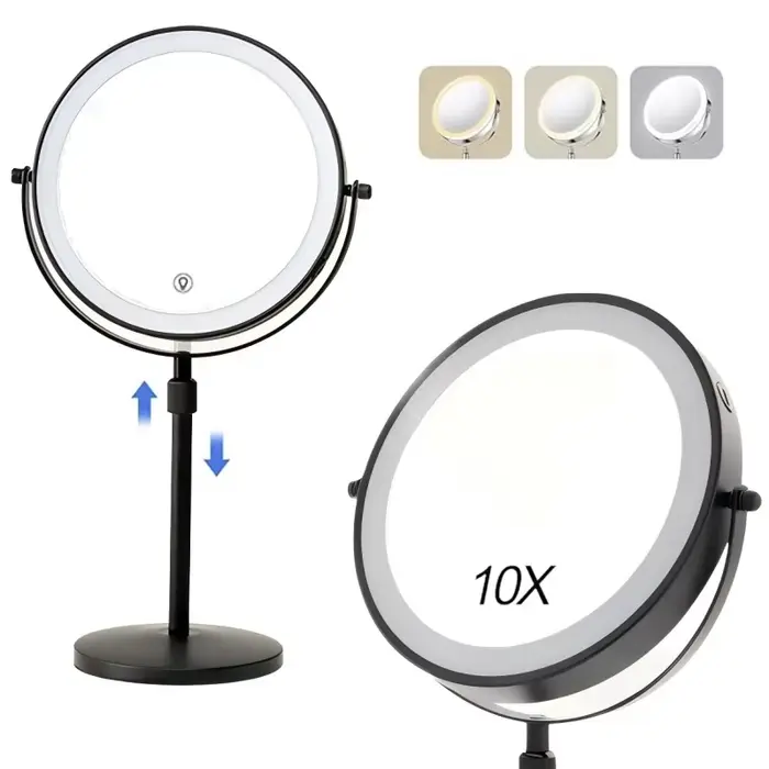 Miroir de maquillage éclairé, Rechargeable, hauteur réglable, Double face, grossissant 1x/10x, 3 cou