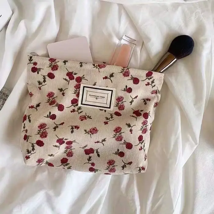Sac à cosmétiques en velours côtelé pour femmes, pochette à fleurs, trousse de beauté, trousse de to