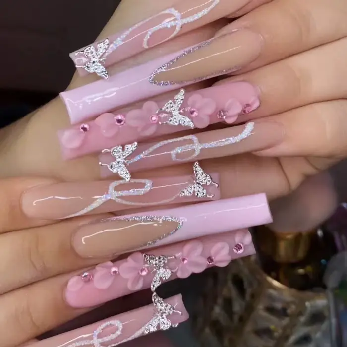 24 pièces de faux ongles Ultra longs en forme de cercueil, à pression, motif français, dégradé et fl