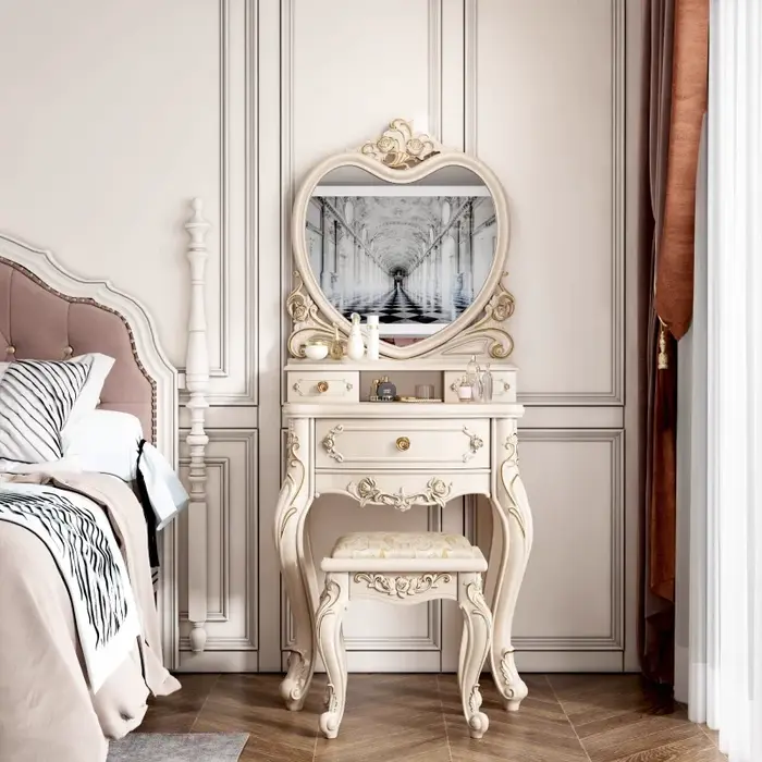 Ensemble coiffeuse européenne avec miroir blanc, bureau de maquillage avec tiroirs et tabouret - Pet