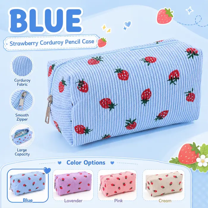 Trousse à crayons en velours côtelé motif fraise, grande capacité, portable, pour étudiants, sac de 