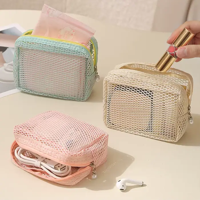 Trousse de toilette de voyage - Sac de rangement respirant en tissu maillé de grande capacité pour articles divers