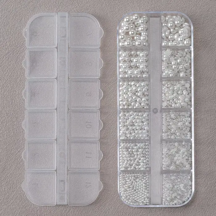 12 grilles 3D perles blanches mélangées breloques pour ongles 0.15-0.5mm perles rondes/demi-cercle N