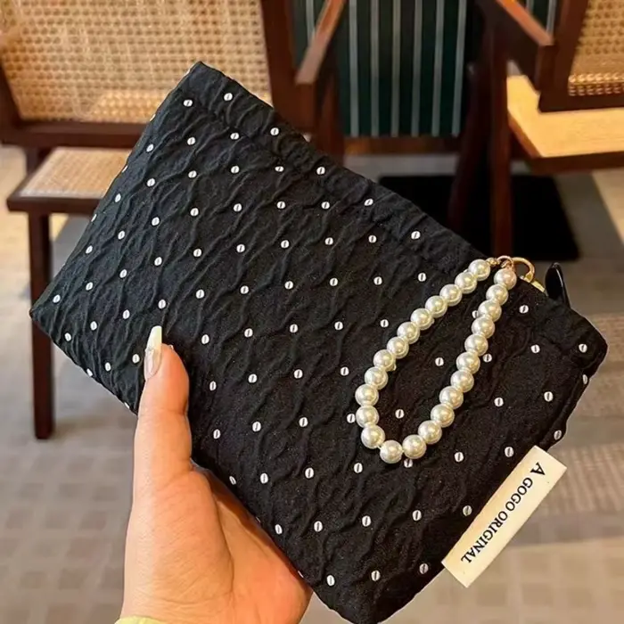 Trousse de maquillage à pois avec fermeture éclair en perles