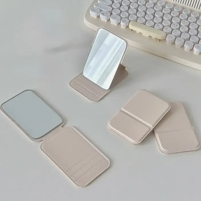 Miroir de maquillage de bureau en cuir PU, couleur unie, Simple, Portable, pliable, Compact, mignon,