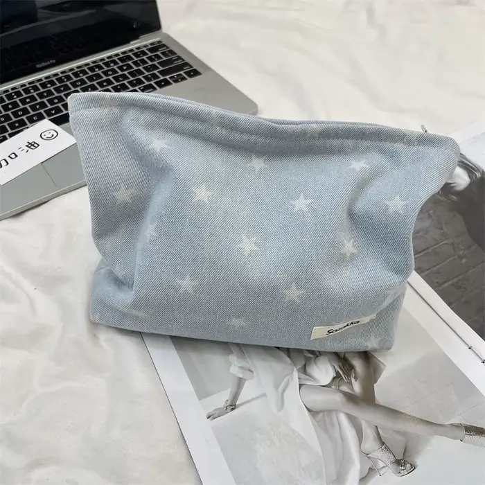 Sac de maquillage imprimé étoile avec nœud pour femmes et filles, sac à cosmétiques de grande capaci