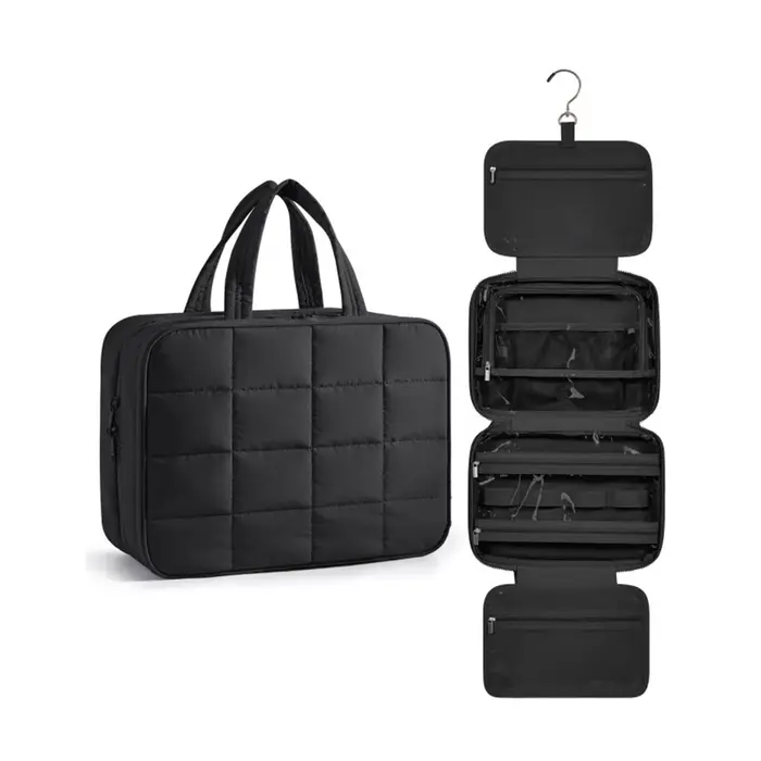 Trousse de toilette de voyage pour femmes, sac de maquillage portable avec crochet de suspension, or