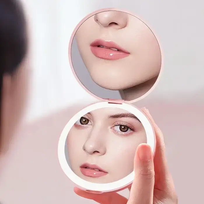 Miroir de maquillage de poche LED rond Portable pliant petit avec lumière voyage