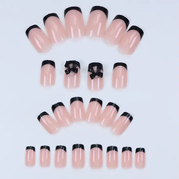 24 pièces presse sur ongles court amande nœud papillon noir presse sur ongles blanc perle douce poin