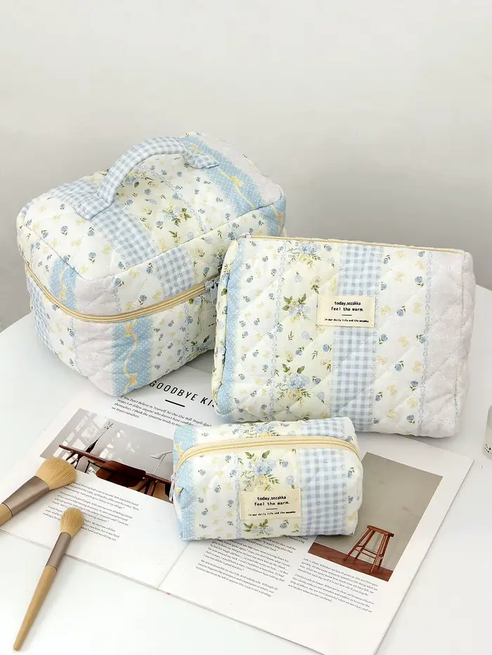 1 pièce/ensemble trousse de maquillage matelassée patchwork bleu