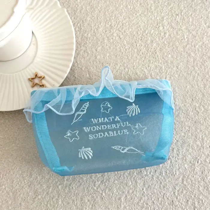 Trousse de Maquillage en Tissu Oxford Bleu Brodé avec Bord Volanté, Grande Capacité, Organisateur de