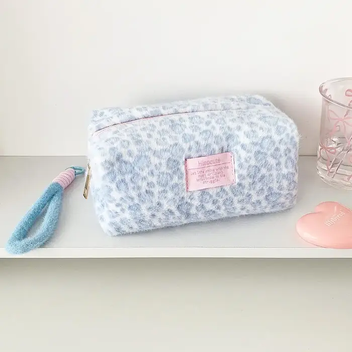 Sacs à maquillage en peluche à imprimé léopard avec poignée, sac de rangement cosmétique de voyage p
