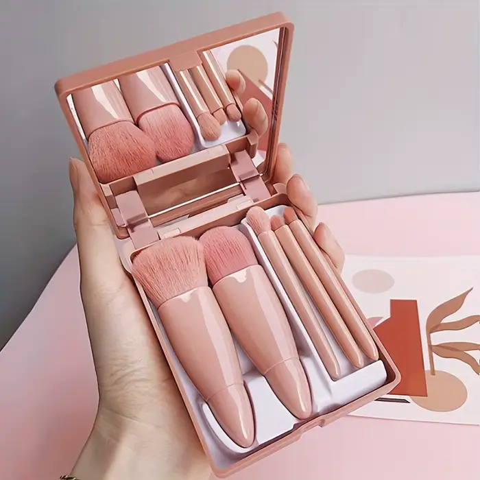 Ensemble de pinceaux de maquillage portables 5 pièces avec miroir-Kit de voyage pliable, Mini ensemb