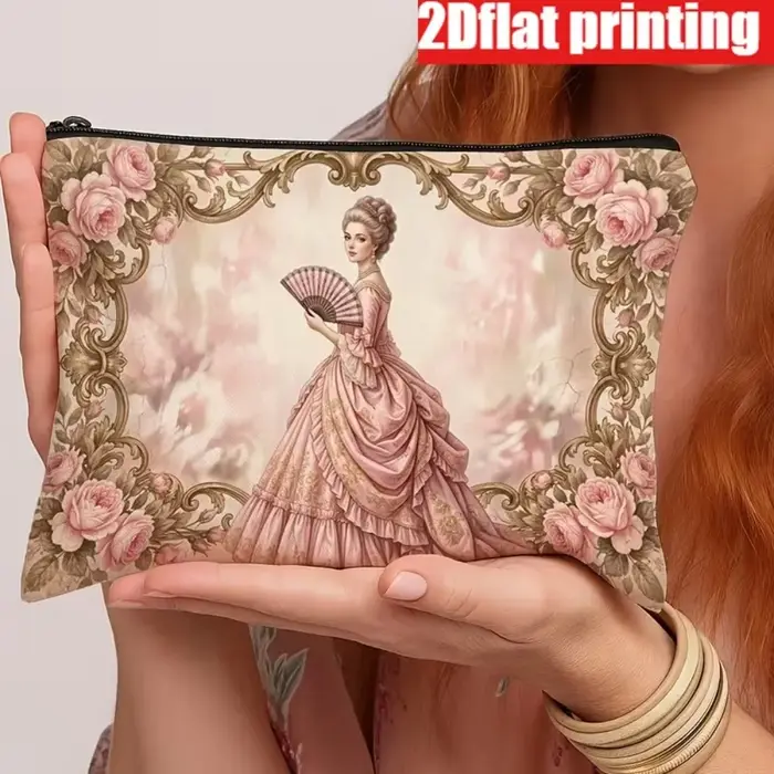 Pochette Cosmétique Vintage Rococo pour Femme, Imprimée en 2D sur Toile, Pochette à Fermeture Éclair