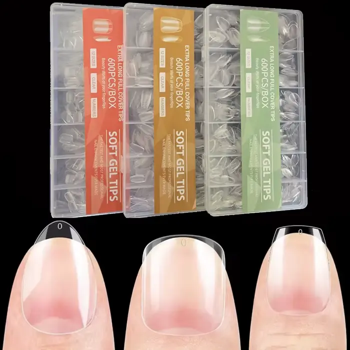 600 faux ongles en gel souple, courtes, carrées, en forme de cercueil ou d'amande, capsules X pour e