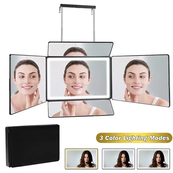 Miroir 5 voies amélioré pour la coupe de cheveux en solo, 360° °   Miroir de barbier avec LED lumine