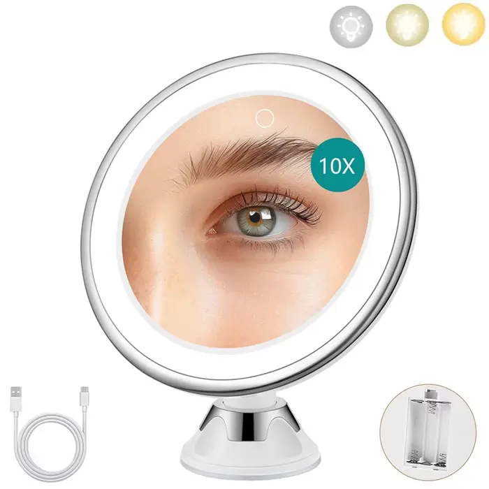Miroir de maquillage grossissant 10x, 3 modes de couleur et gradation lumineuse, fonctionne sur pile