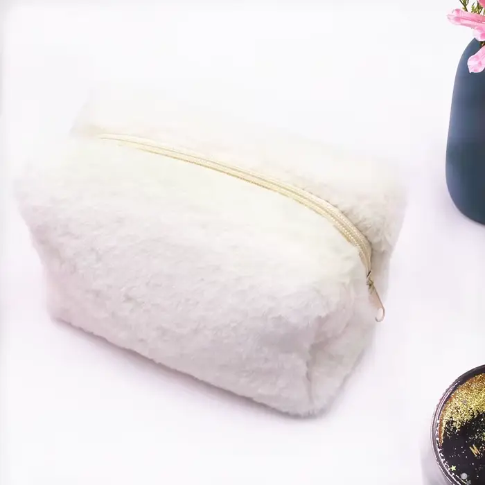 Trousse de maquillage, trousse à cosmétiques mignonne en peluche rose blanc, pochette de maquillage,