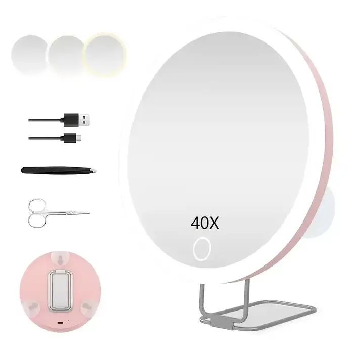 1 miroir grossissant 40X avec lumière, éclairage couleur réglable, comprend 3 ventouses, support et