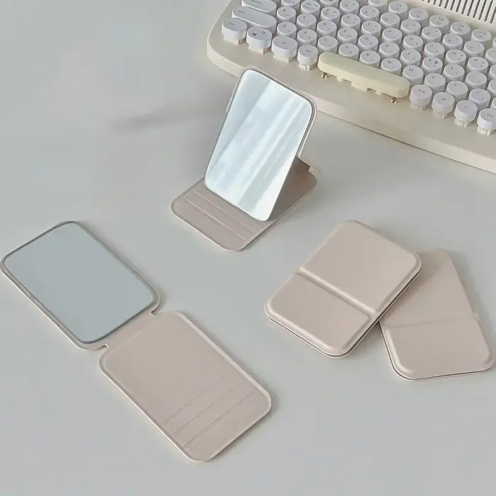 Miroir de maquillage de bureau en cuir PU, couleur unie, Simple, Portable, pliable, Compact, mignon,