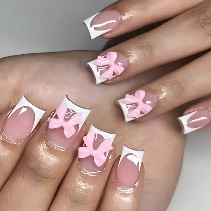 24 pièces 3D rose arc presse sur ongles courts carrés faux ongles blanc pointe française ballerine a