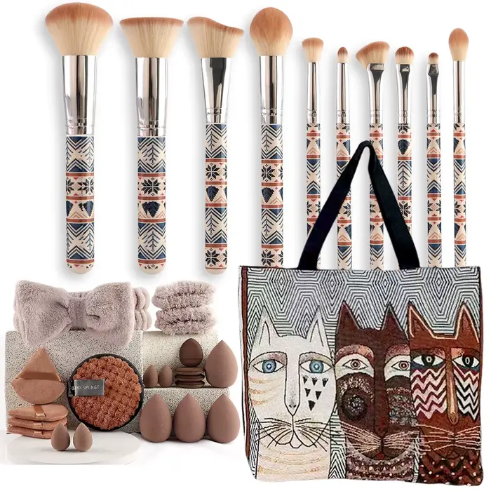 Ensemble d'outils de maquillage 30 pièces - 9 pinceaux + 20 houppettes + 1 sac de voyage - Trousse c