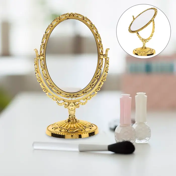 Miroir de maquillage rotatif Vintage ovale rotatif avec cadre doré Abs miroir de maquillage de burea