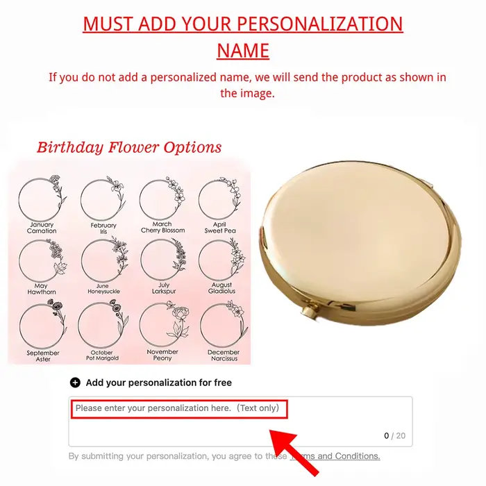 Miroir compact floral avec nom personnalisé, finition dorée rose élégante, miroir de maquillage de p