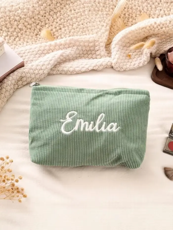 Trousse de maquillage en velours côtelé brodée, trousse de maquillage personnalisée, cadeaux idéaux 