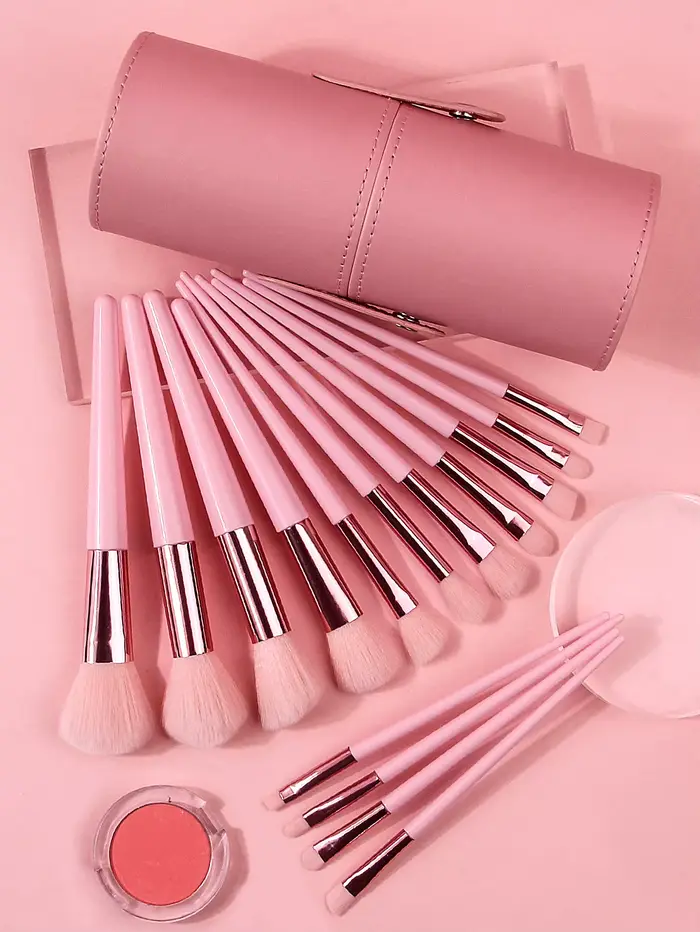 Ensemble de 15 pinceaux de maquillage roses avec baril de rangement
