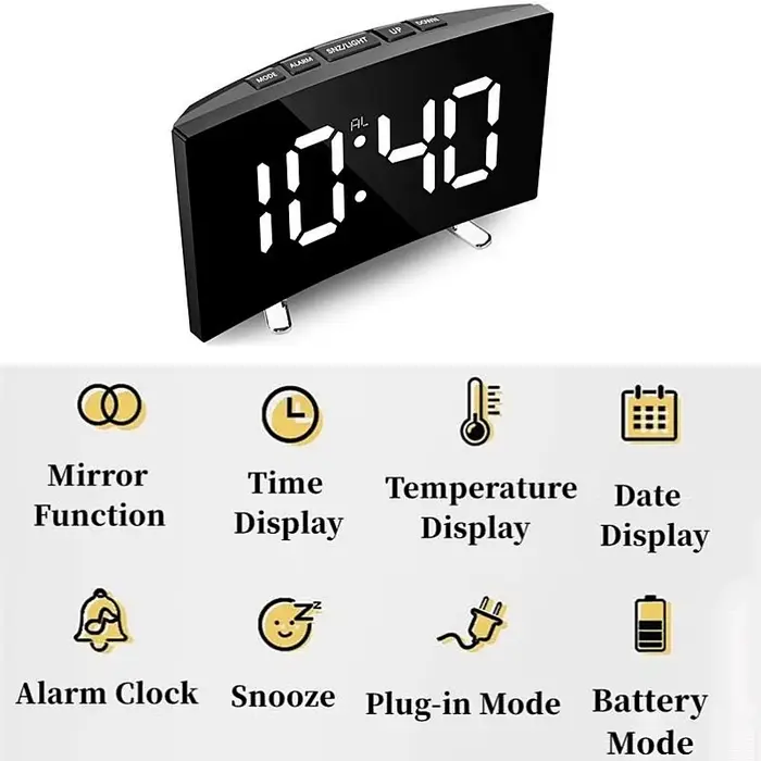 Miroir réveil numérique température Date 2 niveaux de réglage de la luminosité Snooze horloge de Tab