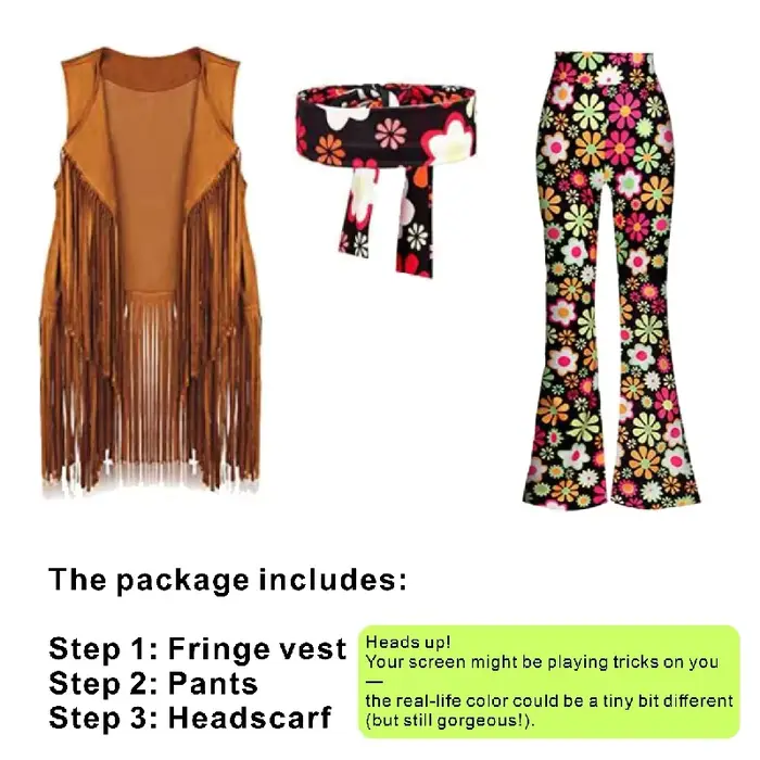 Tenues Hippie Disco des années 60 et 70 pour femmes, ensemble d'accessoires de Costume d'halloween V