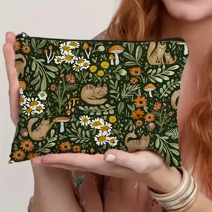 Charmant trousse de maquillage chat et champignon floral – Design spacieux double face avec fermetur