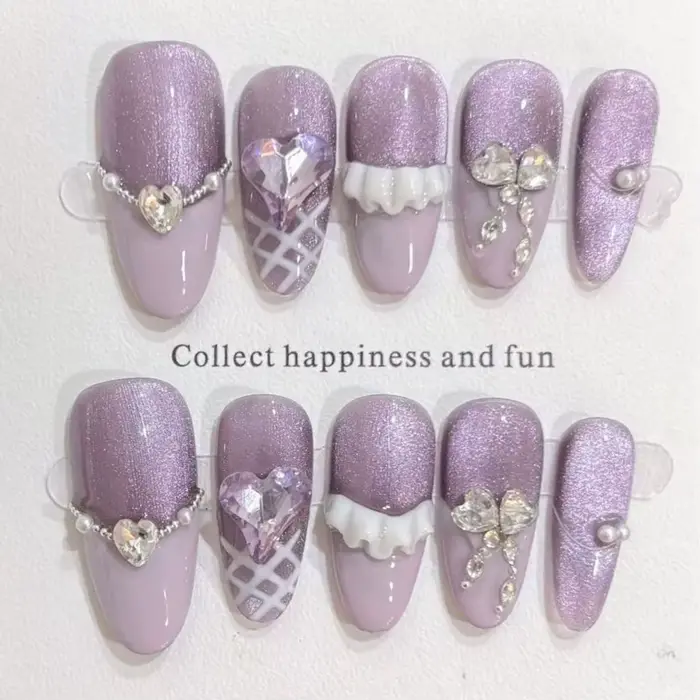10 pièces mignon fait à la main presse sur les ongles couverture complète rose doux ongles avec stra
